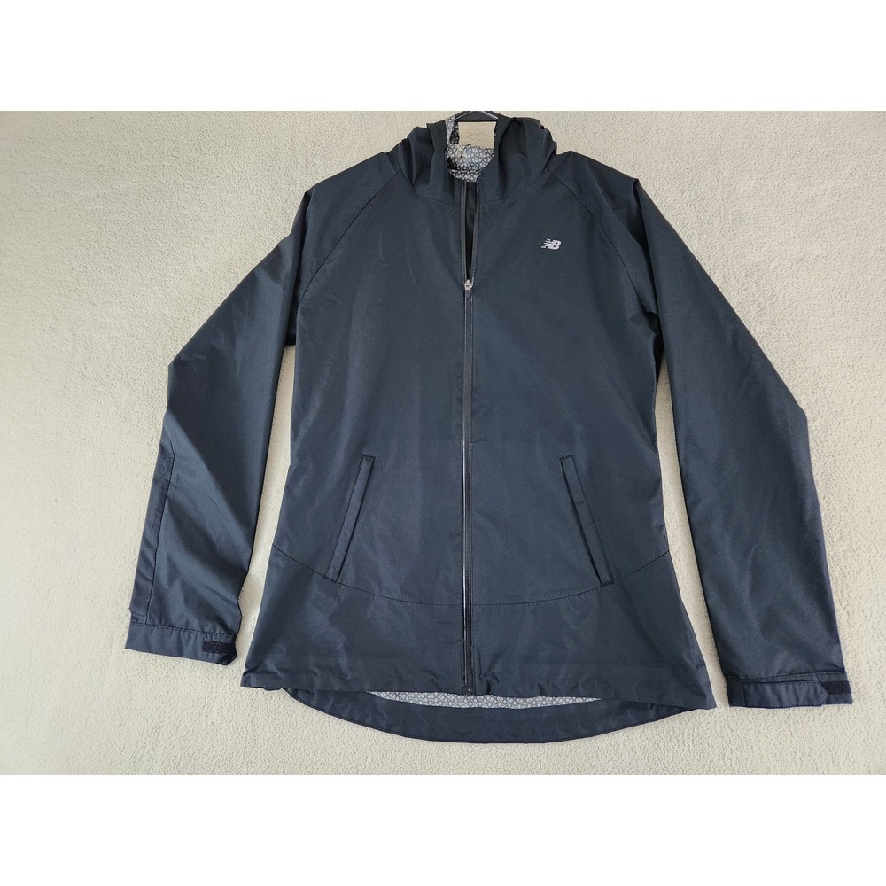 Womens Navy New Balance Hooded Rain Jacket Size Small Hook and Loop Sleeves